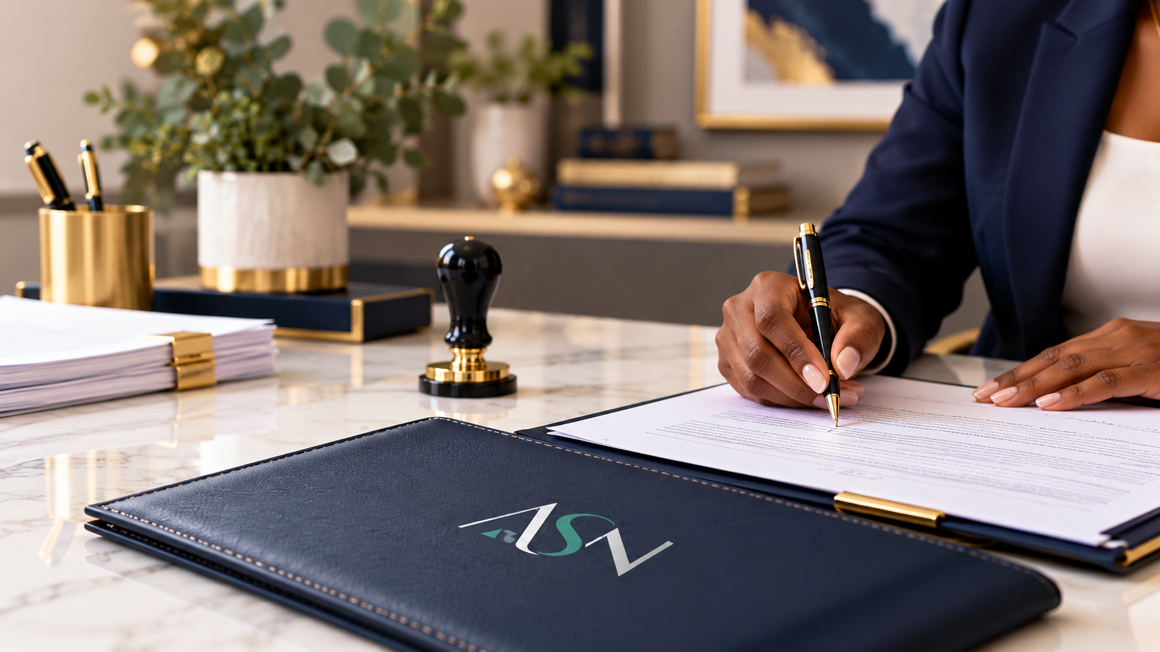 Professional notary signing legal documents